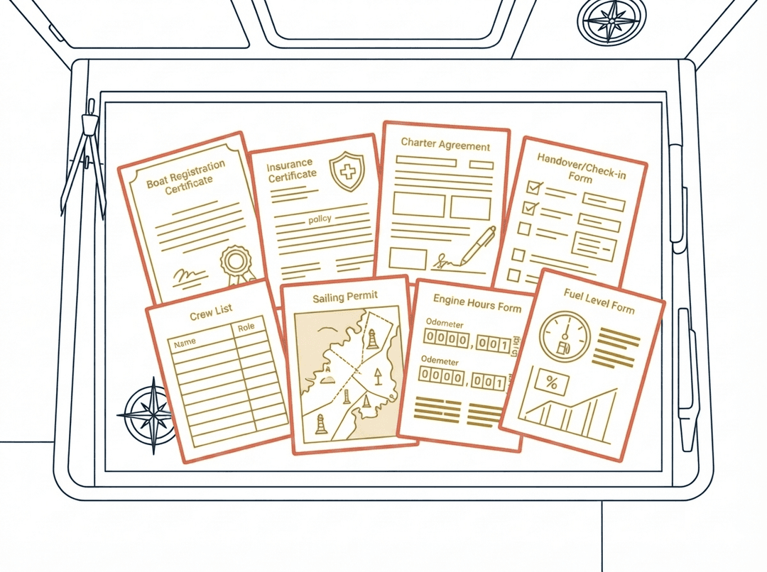 Zone 27 — boat documents and the handover form, with photo points marked